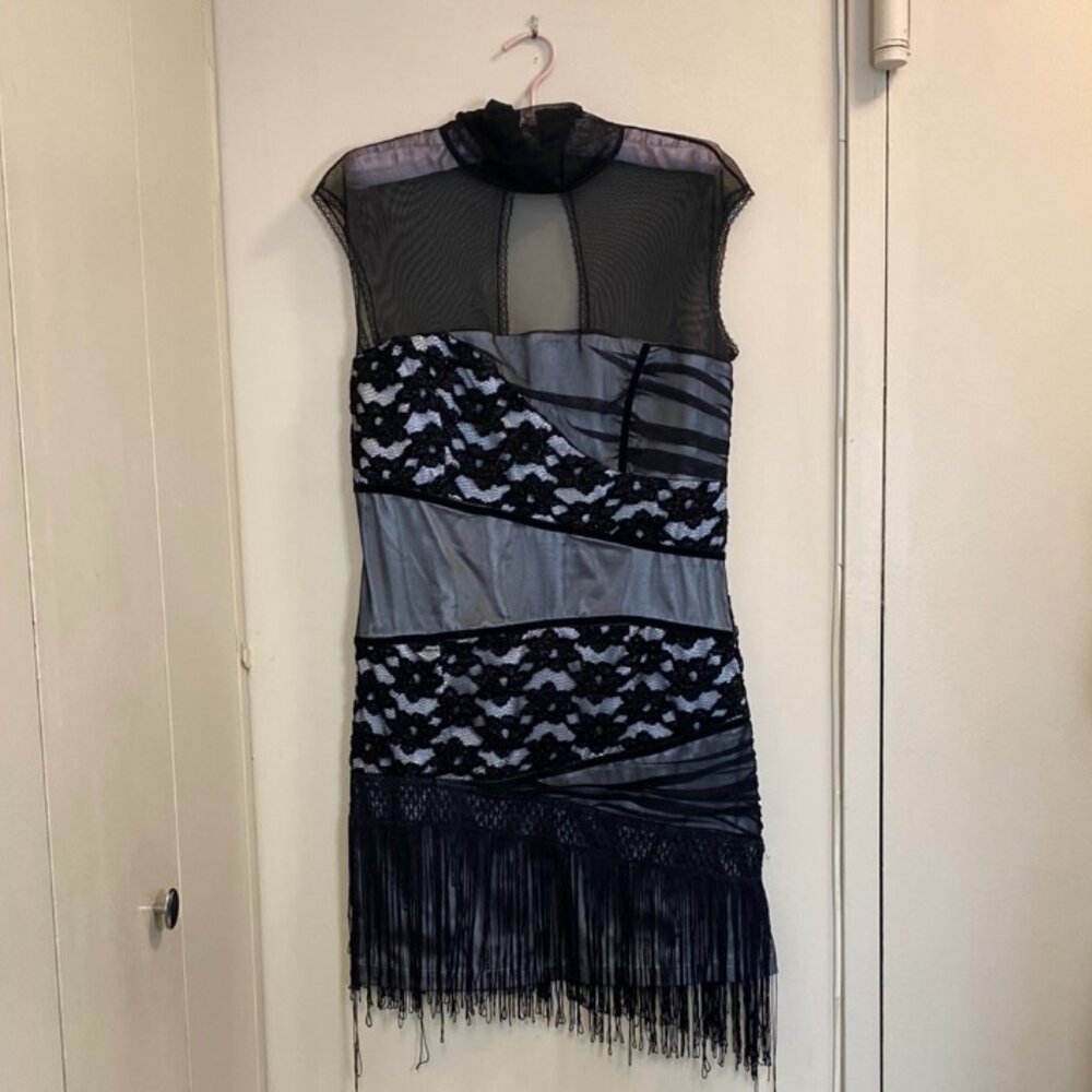 Elegant Black and Gray mesh and fringed Mini Dress with velveteen applique